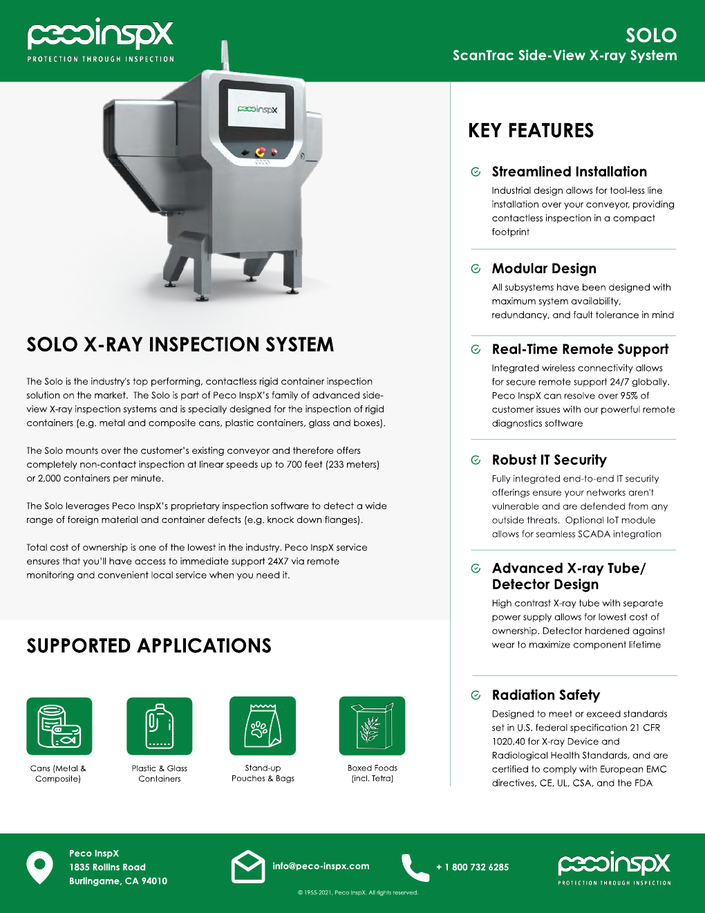 Peco InspX ScanTrac Solo official product sheet